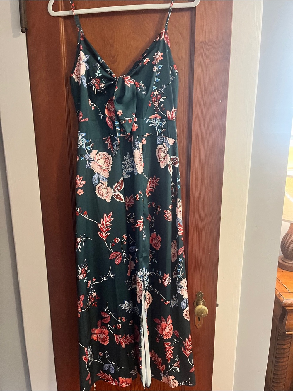 Floral V-Neck Wedding Guest Dress in Dark Green with slit